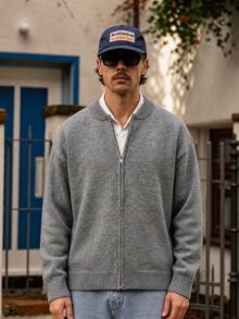 Men's Simple Solid Color Casual Loose Fit Long Sleeve Zip-Up Knit Cardigan Sweater, Suitable For Autumn/Winter - Grey - View 1