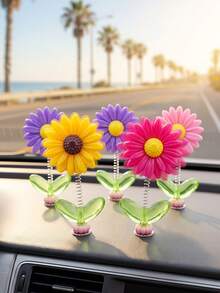 5Pcs Christmas Gift Spring Wobble Daisy Sunflower Car Dashboard Ornament, Cute Colorful Shaking Head Flower Decor, Adhesive Swing Flower For Car Interior, Desk, Monitor, Home Office Decor, Holiday Gift For Car Lovers - Multicolor - View 4