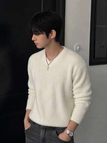 Autumn/Winter Warm Oversized Casual Unisex Knit Sweater, Korean Style, Loose Fit, V-Neck, Faux Fur Design, Minimalist, Long Sleeve Top - Apricot - View 1