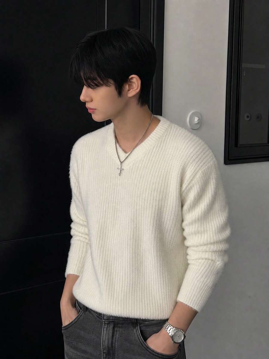 Autumn/Winter Warm Oversized Casual Unisex Knit Sweater, Korean Style, Loose Fit, V-Neck, Faux Fur Design, Minimalist, Long Sleeve Top - Apricot - View 1