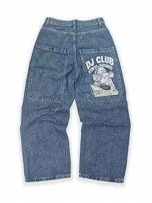 Men's Vintage Light Wash Big Pocket Wide Leg Jeans, Street Style Printed Loose Silhouette Denim Pants - Blue - View 7