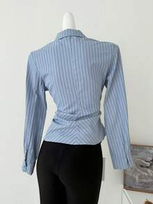 YUXIN Women's Blue Striped Wrap Shirt Collared Asymmetric Button Front Self Tie Back Fitted Elegant Top For Office Date Dinner Fall Daily Wear - Blue Bar - View 9