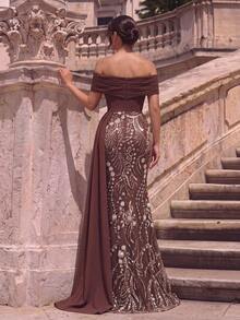 Women's Formal Cold Shoulder Ball Gown, Elegant Knit Maxi Dress With Rhinestone Embellishments And Ruffle Details - Brown - View 2