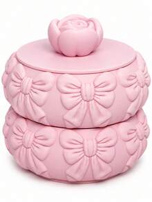 Pink Stackable Jewelry Box With Rose Lid, Embossed Bow Jewelry Organizer For Earrings, Necklaces & Bracelets, Round Trinket Storage Box For Vanity - Pink Flowers - View 7