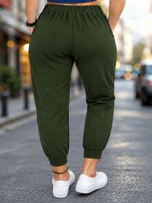 Pantalones de talle alto con cordón, de unicolor, de longitud hasta el tobillo, de estilo casual para primavera, para mujeres de talla grande - Verde militar - Ver 3