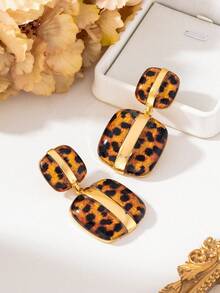 1 Pair 3D Double Layer Leopard Print Exaggerated Dangle Earrings, Gold Rim Vintage Tortoiseshell Long Earrings, Women's Wild Style Accessory - Yellow Gold - View 7