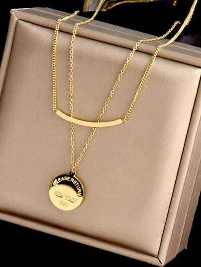Gold Double Layer Stacked Necklace, Curved Bar & Circular Letter Pendant Design, Fashion Minimalist Women's Collarbone Chain, Suitable For Daily Wear, Parties And Gifts
