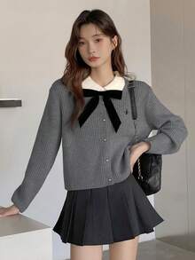 秋冬大學風拼接配色蝴蝶結領長袖刺繡女款開襟針織衫，街頭風 - 深灰色 - 查看 3