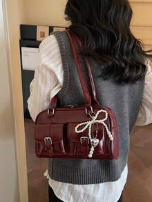 1pc Solid Color Multi-Pocket Zipper Women's Bag, Fashionable Multi-Functional PU Material Shoulder Bag, Suitable For Women's Daily Commute - Red - View 4