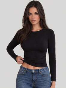 Women's Black Long Sleeve Crew Neck Slim Fit Casual Basic Top, Autumn Outfit - Black - View 4