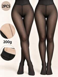 2件組 200g 女款高腰保暖抓絨內裡緊身褲，性感黑色褲襪，柔軟大尺碼日常穿著，適合 0℃-15℃，萬聖節聖誕節修身褲 - 黑色 - 查看 1