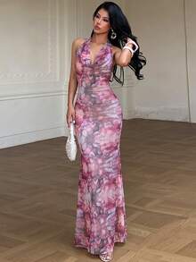 Autumn Floral Print Draped Neck Tie Strap Dress Beach Vacation - Pink - View 4