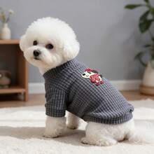 1PC Waffle Knit Dog T-Shirt, Cute Cartoon Puppy Patch Half High Collar Pet Short Sleeve Shirt, Soft Stretchy Daily Clothes For Small Dogs Bichon Maltese Poodle - Dark Grey - View 3