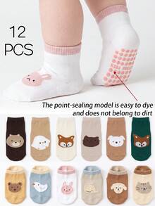 12 Pairs Baby Floor Socks, Children Anti-Slip Cold-Proof Dot Glue Seamless Cartoon Cute Baby Walking Floor Socks - Multicolor - View 1