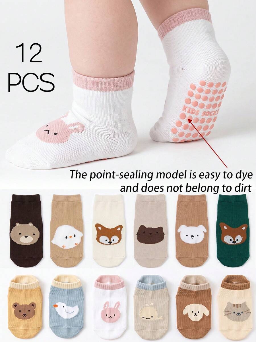 12 Pairs Baby Floor Socks, Children Anti-Slip Cold-Proof Dot Glue Seamless Cartoon Cute Baby Walking Floor Socks - Multicolor - View 1