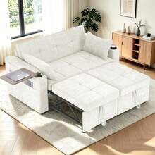 2‑Seater White 3‑In‑1 Sleeper Sofa Bed, Convertible Pull‑Out Double Couch, Built‑In Hidden Small Table & Cup Holders For Small Spaces - White - View 2