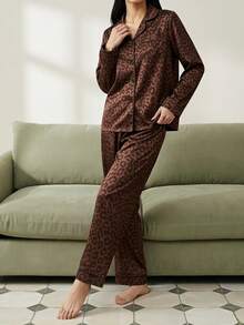 Cirelle Brown Leopard Print Jacquard Women's Long Sleeve Long Pants Pajama Set - Brown - View 5