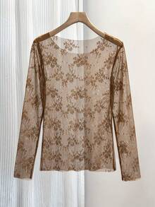 Women's Round Neck Floral Flocked Mesh Base Layer Top, Long Sleeve Sheer Fitted Lace Layering Inner Shirt - Coffee Brown - View 4