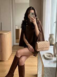 Women's High Neck Gold Button Cape Coat, Elegant Solid Color Short Cape Jacket, Casual Fashion Daily Outerwear - Coffee Brown - View 2