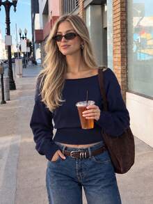 minisummer Women Elegant Fall Off‑Shoulder Long Sleeve Knit Top, Navy Blue Loose Shoulder Cropped Sweater With Ribbed Waist - Navy Blue - View 2