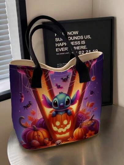 Disney Halloween Letter Embroidery Pumpkin Print Tote Bag, Large Capacity Cartoon Shoulder Handbag, Spider Web Skull Bat Pattern Shopping Bag, Casual Reusable Tote Bag, Suitable For Halloween Party, Daily Outings, Gifts