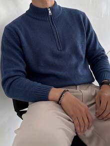 1pc Teen Boys' Fashionable Solid Color Comfortable Casual Pullover Sweater, Suitable For Outdoor, Layering Or Outerwear, Warm & Thick Knit, Autumn/Winter - Navy Blue - View 4
