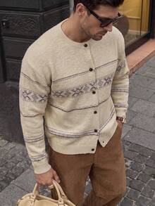 Men Autumn‑Winter Geometric Fair Isle Knit Cardigan, Button Front Long Sleeve Relaxed Sweater, Old Money Style For Holiday Festival Daily Wear - Apricot - View 3