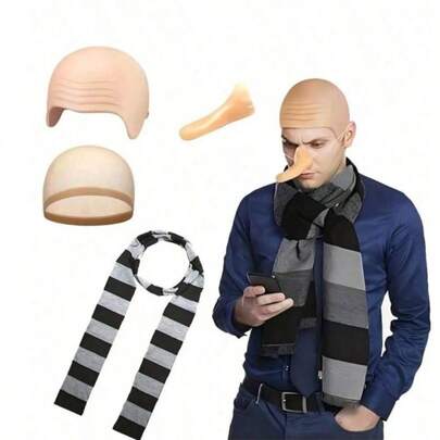 Set de accesorios de disfraz para adultos - Gorro calvo, bufanda y nariz para Halloween y fiestas