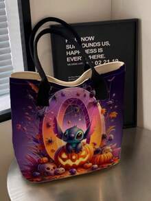 Disney Halloween Letter Embroidery Pumpkin Print Tote Bag, Large Capacity Cartoon Shoulder Handbag, Spider Web Skull Bat Pattern Shopping Bag, Casual Reusable Tote Bag, Suitable For Halloween Party, Daily Outing, Gift - Multicolor - View 2