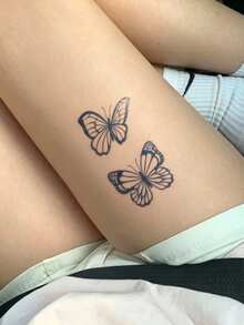 1pc Herbal Juice Semi-Permanent Magic Tattoo Sticker, Minimalist Fashion Butterfly Design, Long-Lasting 14 Days, Non-Fading, Non-Reflective, Temporary Tattoo Sticker For Arm, Shoulder, Neck, Collarbone, Leg And Body - Blue - View 3