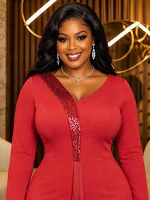 Plus Size Women Elegant Red Sequin Fringe Dress V Neck Long Sleeve Layered Tassel Split Formal Church Evening Wedding Guest Party Maxi Dresses - Red - View 3