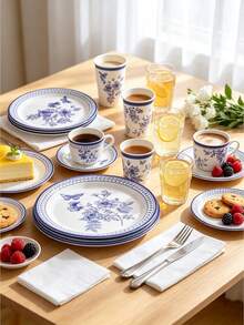 12/24/68 Piece Set, Blue And White Tableware, Butterfly Theme, 7-Inch Paper Tray, 9-Inch Paper Tray, Tissues, Paper Cups, Paper Trays, Food Trays, Party Trays, Bridal Showers, Receptions, Parties, Picnics, Camping, Barbecues And Other Festivals. - Multicolor - View 2