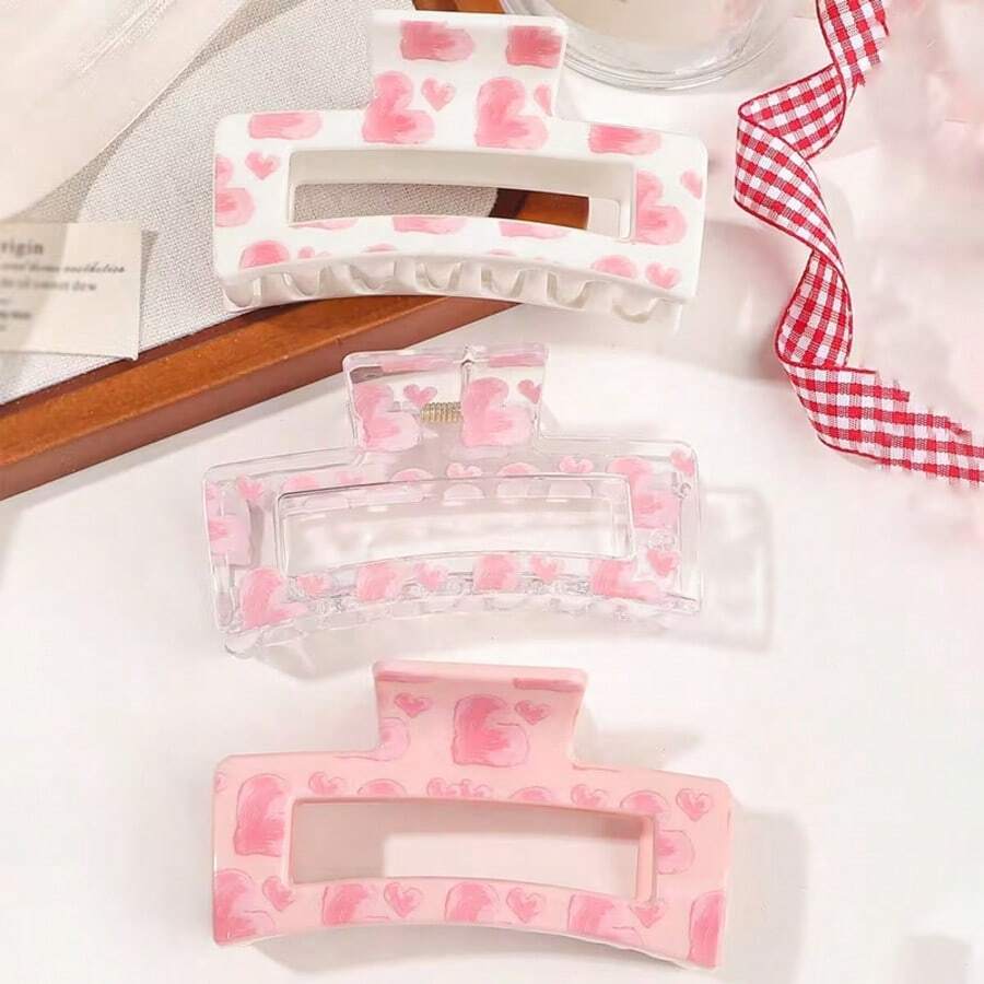 3pcs Minimalist Square Hollow Hair Clips, Sweet Hair Additions With Heart Pattern,Suitable For Casual Outdoor Wear - Multicolor - View 1