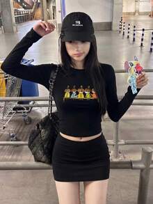 New Short Long Sleeve T-Shirt Women Y2K Generation Fun Cartoon Print Spring Autumn Korean Style Crew Neck Versatile Casual Slim Fit Top - Black - View 3
