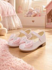 1 Pair Girls' Gentle Nude Pink Princess Shoes, Hook And Loop Mesh Rhinestone Bow Mary Jane Shoes, Versatile For Birthday, Party, Performance - Pink - View 1