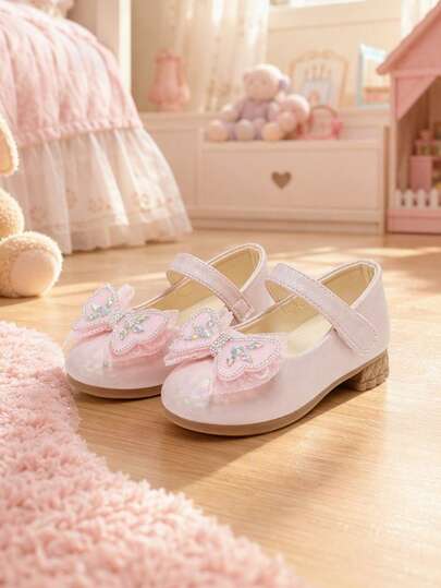 1 Pair Girls' Gentle Nude Pink Princess Shoes, Hook And Loop Mesh Rhinestone Bow Mary Jane Shoes, Versatile For Birthday, Party, Performance