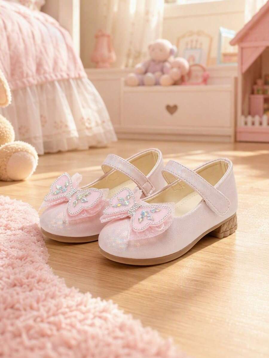 1 Pair Girls' Gentle Nude Pink Princess Shoes, Hook And Loop Mesh Rhinestone Bow Mary Jane Shoes, Versatile For Birthday, Party, Performance - Pink - View 1