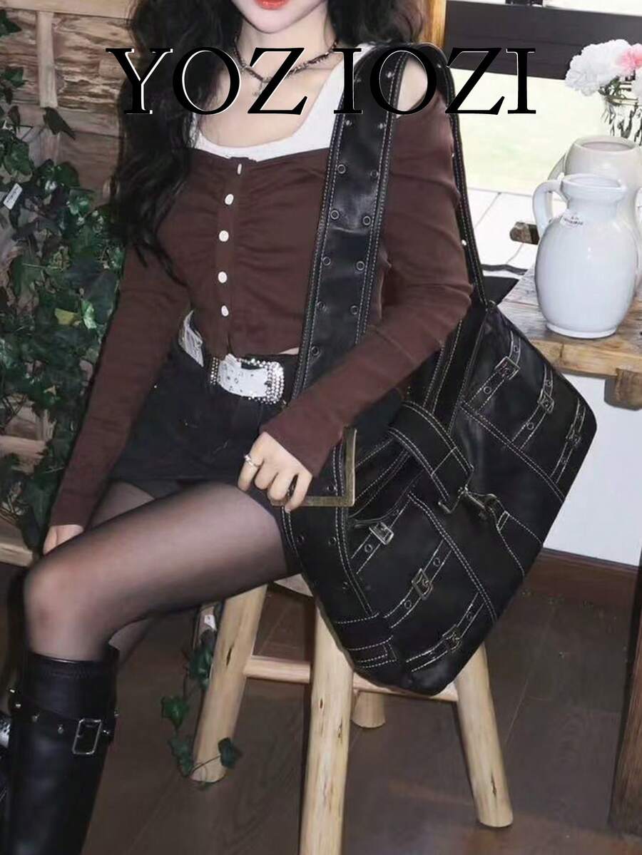 復古 Y2K 熱辣女孩通勤休閒購物女款單肩托特包,美式復古 Y2K 風格皮革皮帶扣設計,斜挎腋下包,小眾 INS 風格亞文化極簡托特包 - 黑色 - 查看 1