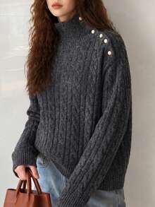 Women's New Casual Knit Pullover Sweater, Cable Knit Pattern And Decorative Buttons, Suitable For Autumn/Winter Wear. - Grey - View 1