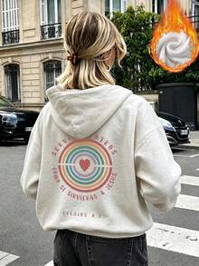 Cozy Women's Long Drop Shoulder Hoodie With Drawstring, Warm Lined Composite Fabric Pullover Featuring Rainbow Heart Print, Perfect - White Gray - View 3
