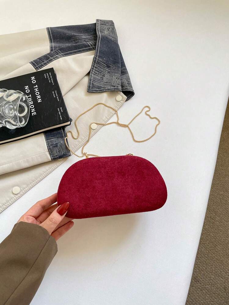 Women's Evening Clutch, Burgundy Suede, Large Curved Gold Metal Buckle, Hard Shell, Portable, Luxurious And Elegant, Suitable For Weddings, Balls, Parties, Holiday Nights - Burgundy - View 6