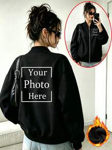 Women's Custom Logo Stand Collar Zip-Up Sweatshirt, Long Sleeve Drop Shoulder Thermal Lined Regular Fit Top, Suitable For Autumn Streetwear - Black - View 2