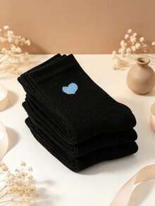 5 Pairs Women's Black Mid-Calf Socks, Soft Comfortable Casual Socks, Colorful Small Heart Pattern All-Season Versatile High-Top Socks - Multicolor - View 2