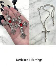 2pcs Gothic Style Exaggerated Silver Rhinestone Cross Earrings, Paired With Black Punk Rock Halloween Accessories (Recommended To Purchase With Care Cloth) - Gothic - View 14