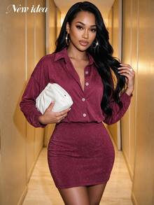 NEW IDEA Women's Sexy Wine Red Fall Winter Short Dress, Sparkly Collared Loose Long Sleeve Bodycon Dress For Night Out, Party, Dating, Going Out - Burgundy - View 4