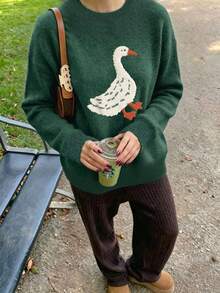 Women's Plus Size Sweater, Cute Goose Pattern, Loose Knit Pullover - Dark Forest Green - View 3