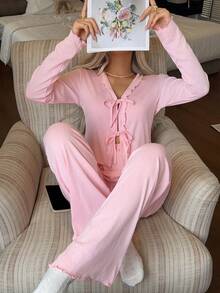 Women's Pink 2Pcs Pajama Set Ruffle-Trimmed Tie-Front Long-Sleeve Top & Wide-Leg Pants Heart Jacquard Knit Cute Loungewear Sleepwear Valentine's Day - Pink - View 5