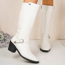 Women's White Western Cowboy Tall Boots, Buckle Side Zipper Chunky Heel, Autumn/Winter Long Boots, Suitable For Concerts, Commuting And Autumn/Winter Outfits - White - View 4