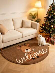 1pc Semi-Circular Christmas Reindeer Welcome Doormat, Cute Cartoon Half Moon Entrance Mat, Anti-Slip Stain-Resistant Christmas Decor Rug, Washable, Decorative Carpet, Bedroom Decor, Small Rug, Carpet, Home Decor, Living Room Rug, Living Room Small Rug, Bedroom Carpet, Living Room Home Decor, Outdoor Rug, Washable Carpet - Multicolor - View 2