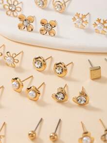 20 Pairs Minimalist Stud Earrings Set, Bow, Flower, Moon, Heart And Geometric Pattern Combination Earrings, Suitable For Women's Daily, Casual, Outing, Vacation Wear, Perfect Gift For Friends - Yellow Gold - View 3